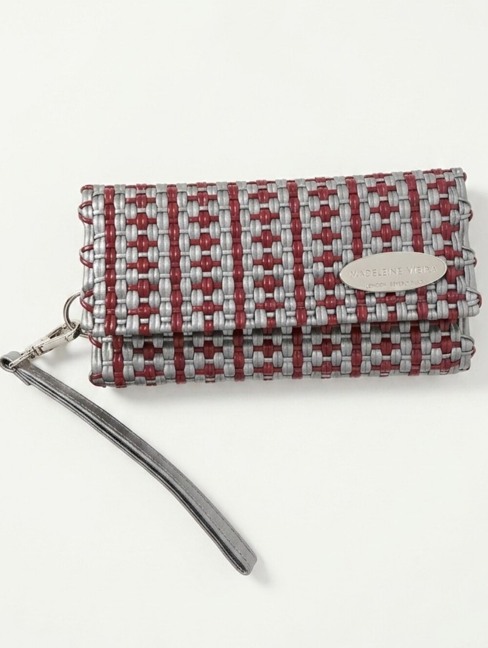 Madeleine Vieira silver/red wristlet clutch wallet textured basket wave tri-fold